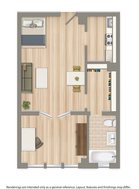 a studio apartment floor plan rendering at eddystone apartments in washington dc